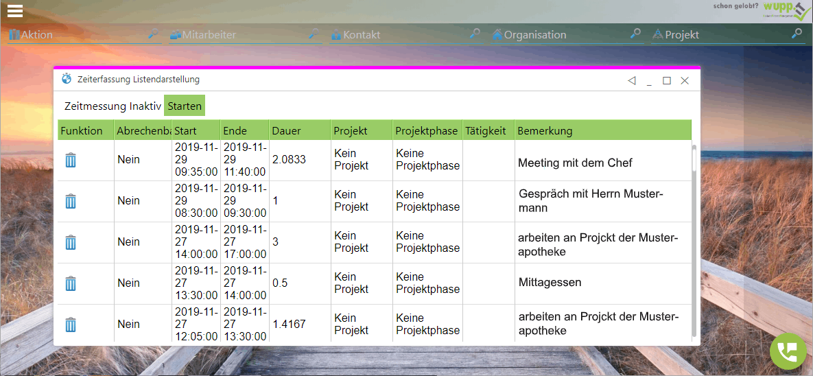 Listendarstellung der Zeiterfassung