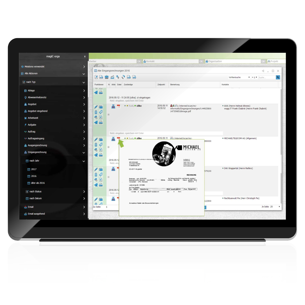 Dokumentenanzeige, Archivierung und Ablage in der magiC-orga